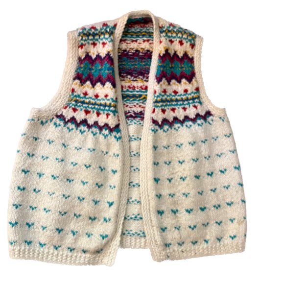 Handknit Cotton Fair Isle Vest Off-white with Multi-colored Pattern - Size S - Picture 1 of 5